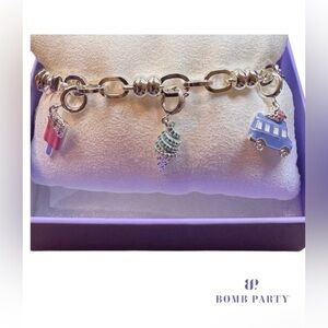 Bomb Party Silver Charm Bracelet with Blue & Pink and mint crystal Enamel Charms